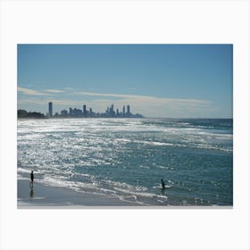 Aerial Beach Photo With Waves, Swimmers And Cityscape / Buildings In The Background. Canvas Print