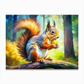 Squirrel Eating A Nut In A Forest Canvas Print