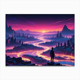 A Futuristic Cityscape With A Lone Figure Standing On A Hilltop Overlooking The City Canvas Print