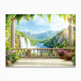 Stunning View from The Terrace on A Beautiful Mountain Landscape with A Waterfall Canvas Print