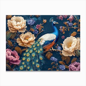 Peacock And Flowers 5 Canvas Print