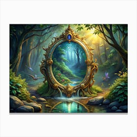 Ornate Golden Mirror Reflecting A Forest Canvas Print