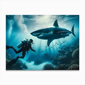 Scuba Diver And Great White Shark 3 Canvas Print