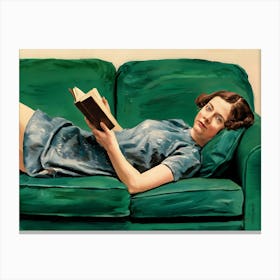 A Painting Of A Woman Lying On A Couch, Reading A Book Canvas Print