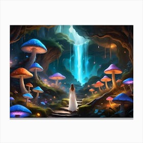 Woman Walking Through A Mystical Forest With Glowing Mushrooms And A Waterfall 1 Canvas Print