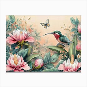 Vintage Tropical Background with Protea, Hibiscus Flowers, Leaves, Hummingbirds, Butterflies 1 Canvas Print