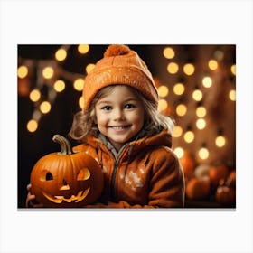 Little Girl Holding A Pumpkin Canvas Print