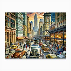 Vintage City Street Scene With Cars And People Canvas Print