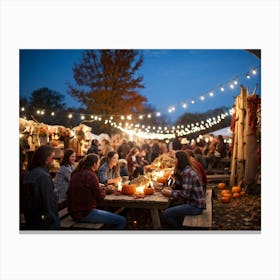 Autumn Festival Illuminated By String Lights Rustic Decorations Such As Dried Corn Husks Pumpkin A (4) Canvas Print