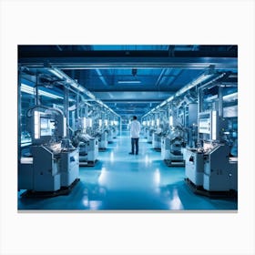 Ai Enhanced Factory Interior Illuminated By Soft Blue Light Robotic Arms Intricately Assembling Com Canvas Print