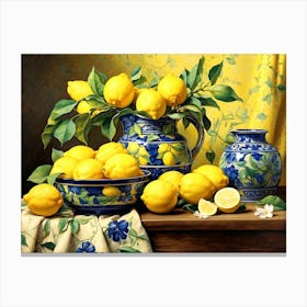 Lemons In Blue Jugs Canvas Print