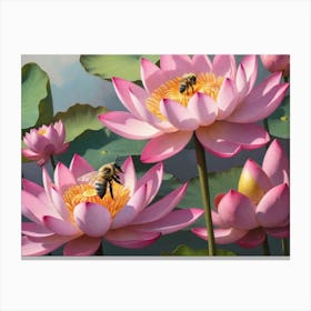 Bees On Pink Lotus Canvas Print