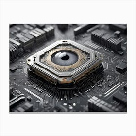 Human Eye Integrated Into A Metallic Square Chip On A Circuit Board, Representing Artificial Intelligence And Surveillance Canvas Print