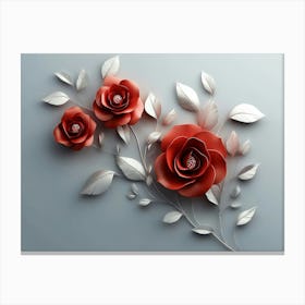 3d Art With Red, Rose Simple Floral Painting Light Gray Background Toile