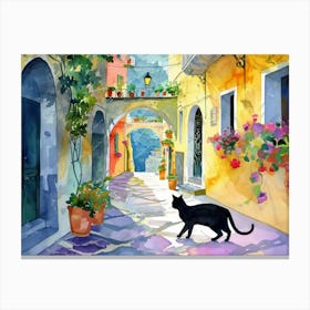 Amalfi, Italy   Black Cat In Street Art Watercolour Painting 4 Canvas Print