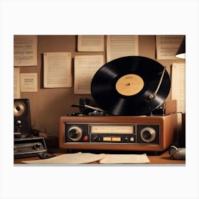 A Vintage Photo Of A Music Studio Setup, Featuring A Turntable, A Radio, A Speaker, Sheet Music, And Headphones Canvas Print