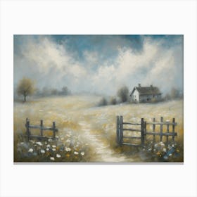 Rustic Countryside Farmhouse Print in Neutral Tones | Farm Country Art | Cream White Wildflowers Meadow Artwork | Landscape Faded Country House and Fields in HD Canvas Print