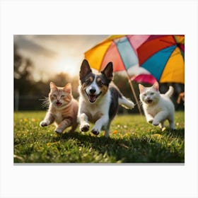 Cats And Dogs Running Canvas Print