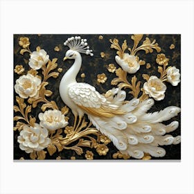 Golden And White Floral Peacock 2 Canvas Print