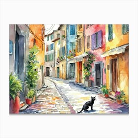 Cannes, France   Cat In Street Art Watercolour Painting 2 Canvas Print