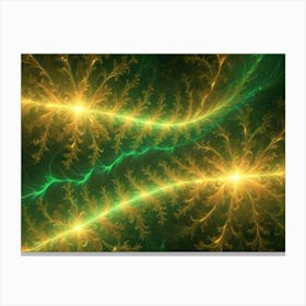 An Abstract Fractal Image Featuring Swirling, Glowing Lines And Shapes In Shades Of Green And Gold On A Dark Background Canvas Print