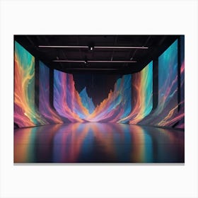 A Dark Room With A Curved Wall Of Screens Displaying Abstract, Colorful Visuals Canvas Print