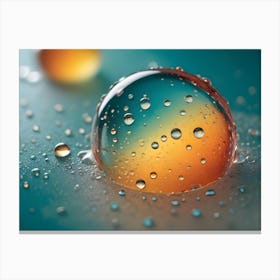 A Close Up Shot Of A Glass Sphere On A Teal Surface, Surrounded By Smaller Water Droplets Canvas Print