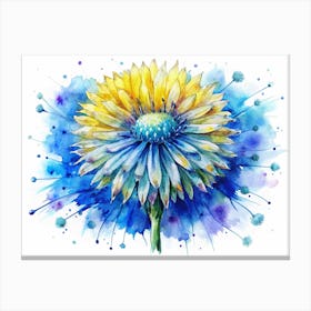 Watercolor Painting Of A Yellow Flower On A Blue Background Canvas Print