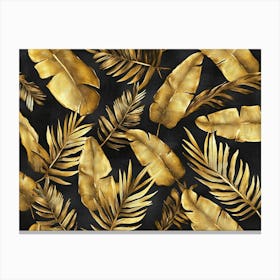 Tropical Exotic Seamless Pattern with Dark Golden Banana Leaves Palm Leaves Vintage Hand Drawn 3d Canvas Print