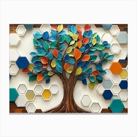 Vibrant With A Whimsical Tree, White Lattice Tiles, And Colorful Hexagons On Oak Wood Canvas Print