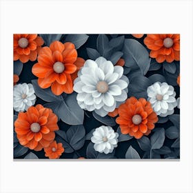 3d Colorful Flowers With Leaves Seamless Pattern, Orange And White Dahlia Flowers Canvas Print