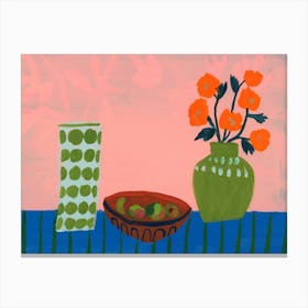 Orange Flowers And A Bowl Of Apples Canvas Print