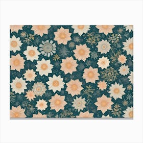 A Seamless Pattern Of Stylized White Flowers On A Teal Green Background Canvas Print