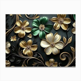 Luxury Floral Seamless with Flowers Elegant Leather Texture Illustration Background in Golden, Green, White Canvas Print