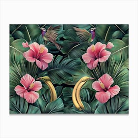 Tropical Background With Exotic Flowers, Birds, Banana Leaves, Palm, Protea, Hibiscus, Hummingbirds 2 Canvas Print