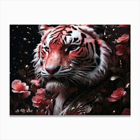 White Tiger Black Dark and Red with Flower Decoration Art Painting Canvas Print