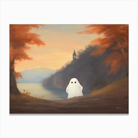 Cute Funny Ghost Autumn Fall Castle Landscape, Halloween Spooky Canvas Print