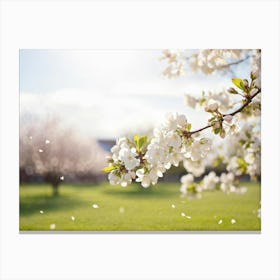 Blooming Pear Tree In Spring Close Up Shot Focusing On Delicate White Blossoms Against A Soft Hued (5) Canvas Print