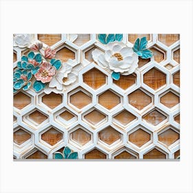 Oak Artwork Adorned with White Lattice, Turquoise Accents and Floral Hexagonal Patterns 1 Canvas Print