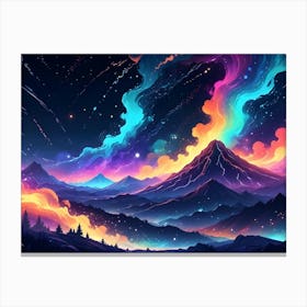 A Majestic Mountain Range Silhouetted Against A Vibrant Night Sky Filled With Colorful Aurora Borealis And Shooting Stars Canvas Print