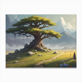 Illustration Of A Lone Girl Walking Towards A Majestic, Large Tree With Thick Branches In A Green Field Beneath A Blue Sky With Clouds Canvas Print