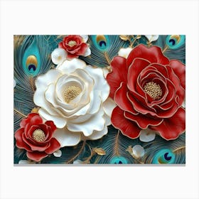 3d Design Illustration Seamless Pattern Diamond Painting White, Crimson, Turquoise and Golden Roses Flowers 1 Canvas Print