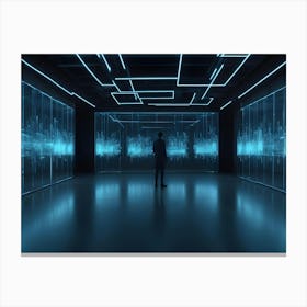 A Man In Silhouette Stands In A Futuristic Room, Surrounded By Glowing Screens Displaying Data And Information Canvas Print