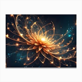 A Golden, Luminous Flower With Intricate Patterns Blooms Against A Dark Background, Radiating Light And Ethereal Particles Canvas Print