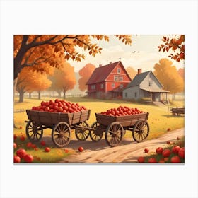 Two Horse Drawn Wagons Filled With Apples In A Rural Setting Canvas Print