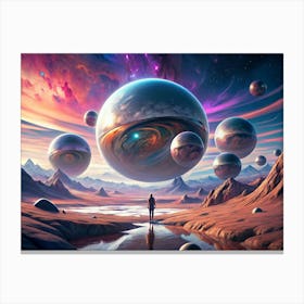 Person Standing In A Surreal Landscape With Giant Reflective Spheres Canvas Print