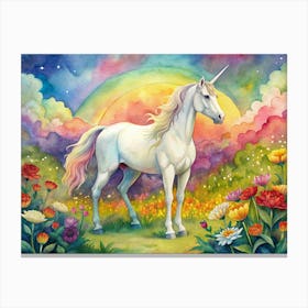 Watercolor Painting Of A Unicorn In A Field Of Flowers Under A Rainbow And Full Moon Canvas Print