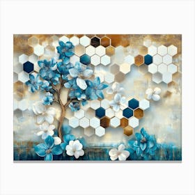 Abstract White Lattice Tiles, Turquoise Tree, And Dynamic Blue Hexagons Canvas Print