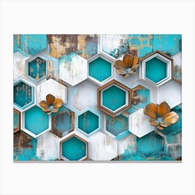 Turquoise And Blue Elements Blend With White Lattice And Brown Hexagons 1 Canvas Print