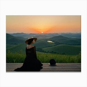 Evening View Of An Asian Woman Perched Solo On A Wooden Terrace Decked In A Summer Hat Her Black At (4) Canvas Print